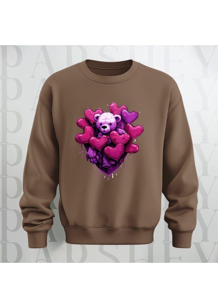 Love Teddy Deseni Baskılı Bisiklet Yaka Oversize Kalıp Sweatshirt 3 Iplik Şardonlu