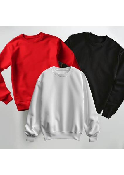 Oversize 3'lü Baskısız Bisiklet Yaka Sweatshirt Kalın Kumaş 3 Iplik