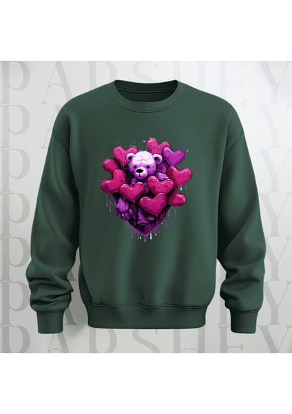 Love Teddy Deseni Baskılı Bisiklet Yaka Oversize Kalıp Sweatshirt 3 Iplik Şardonlu