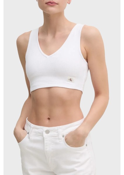 Logolu Streç Pamuklu Slim Fit V Yaka Top J20J225308YAA Bayan Top J20J225308 Yaa