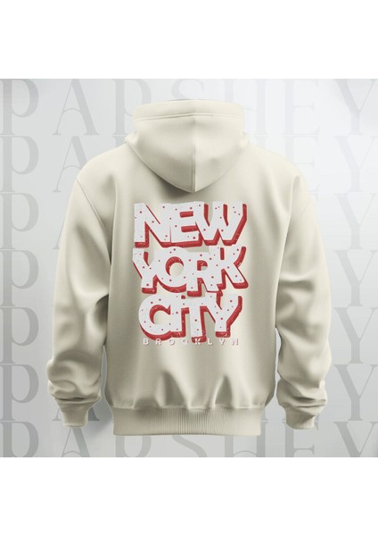 Nyc Brooklyn Baskılı Kapüşonlu Sweatshirt Hoodie Yünlü Kalın Kumaş 3 Iplik Şardonlu