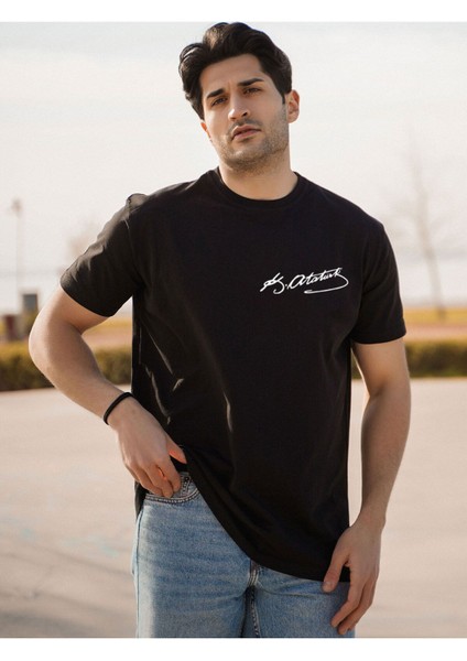Mustafa Kemal Atatürk Imzalı Oversize Siyah Yarım Kollu Pamuk T-Shirt