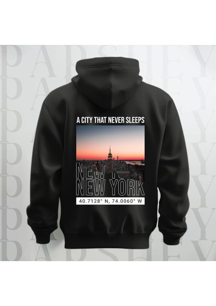 Uyumayan Şehir New York Baskılı Kapüşonlu Oversize Sweatshirt Hoodie Kalın Kumaş 3 Iplik Şardonlu