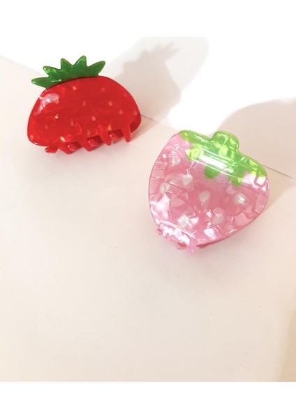 Pembe ve Kırmızı Çilek Asetat Saç Tokası 2 Adet