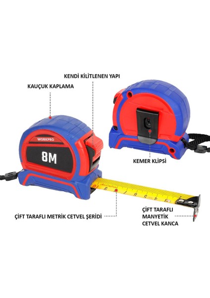 WP261044 8MX25MM Naylon Kaplama Sarı Çift Taraflı Manyetik Çelik Şerit Metre
