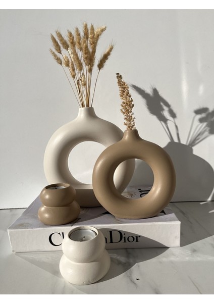 Sibel/ela Tasarım 2’li Halka Vazo,2 Li Mumluk Set