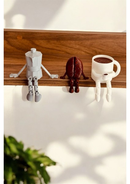Kahve Köşesi Sevimli Biblo Seti 3lü, Kahve Çekirdeği,beyaz Kahve Kupası, Moka Pot, Coffee Set 10 cm