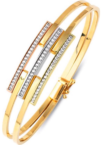 Üç Sıra Taşı 14 Ayar Altın Kaburga Kelepçe Bileklik KLP31