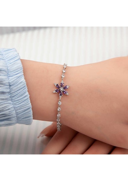 Gümüş Lila Lotus Çiçeği Kadın Bileklik