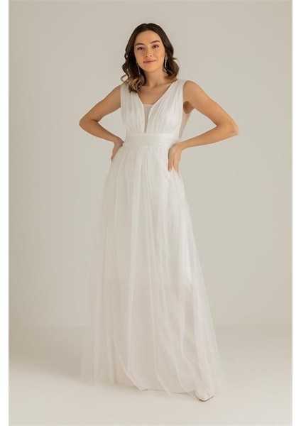 Dipmoda Kadın Beyaz Drapeli Tül Abiye Elbise DP2030 fiyatları