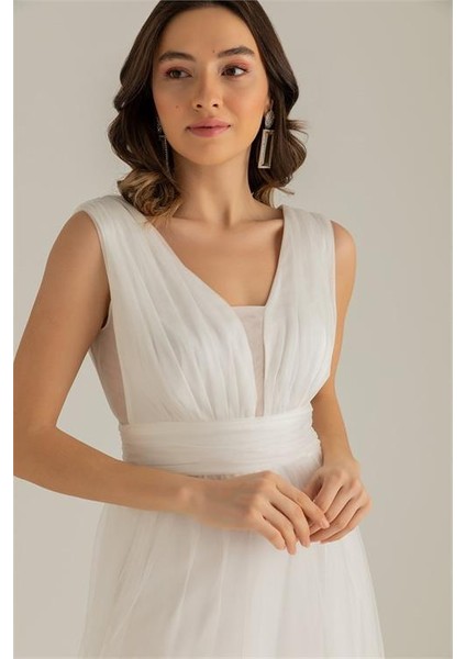 Dipmoda Kadın Beyaz Drapeli Tül Abiye Elbise DP2030 modelleri