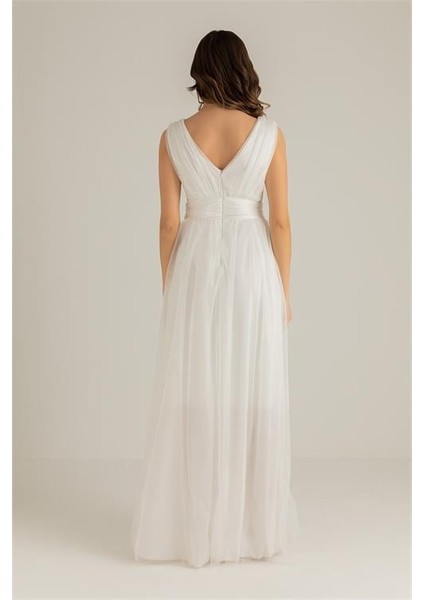 Dipmoda Kadın Beyaz Drapeli Tül Abiye Elbise DP2030 fırsatları