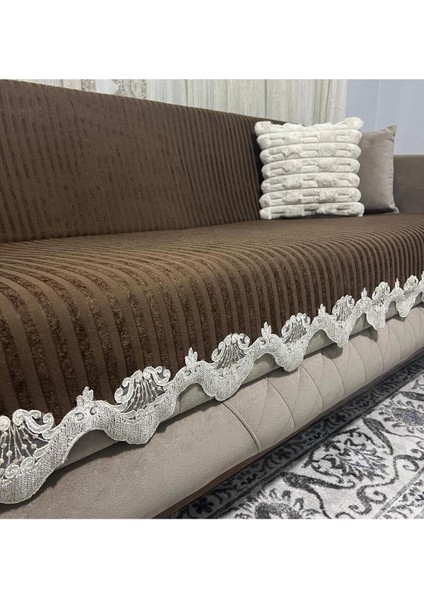 Dantelli Çizgili Süngerli Kadife Kaymaz Çekyat Koltuk Örtüsü