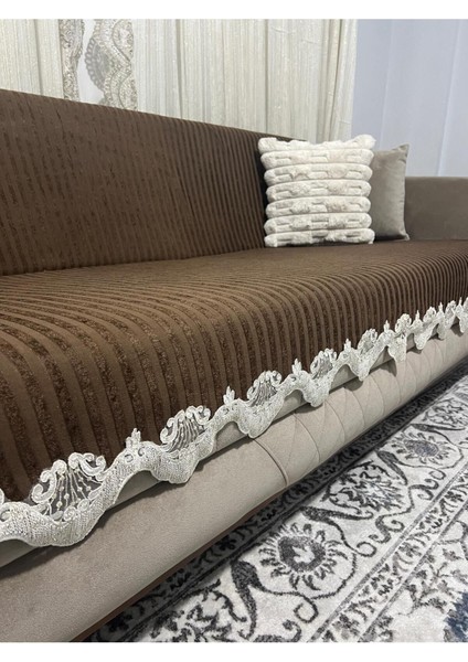 Dantelli Çizgili Süngerli Kadife Kaymaz Çekyat Koltuk Örtüsü fiyatları