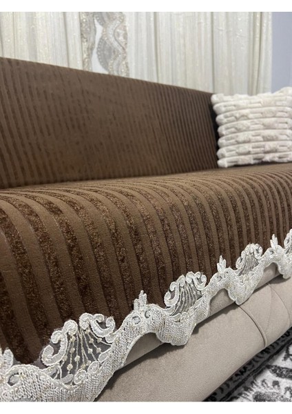 Dantelli Çizgili Süngerli Kadife Kaymaz Çekyat Koltuk Örtüsü modelleri