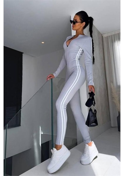 Kadın Gri Çizgi Detaylı Esnek Kumaş Tulum DPNBDF1091