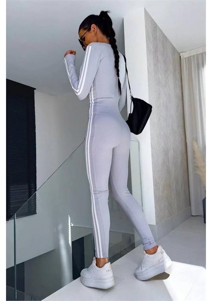 Kadın Gri Çizgi Detaylı Esnek Kumaş Tulum DPNBDF1091 fiyatları