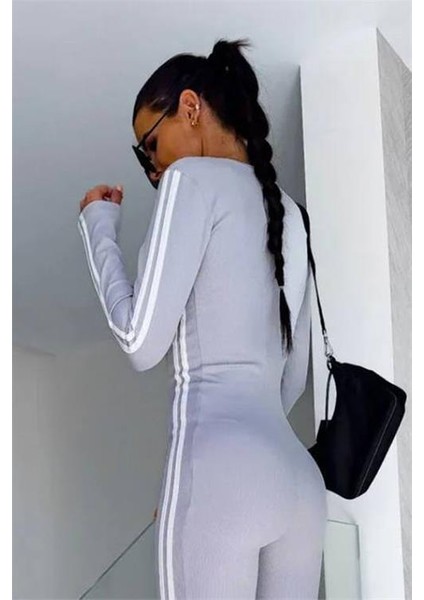 Kadın Gri Çizgi Detaylı Esnek Kumaş Tulum DPNBDF1091 modelleri