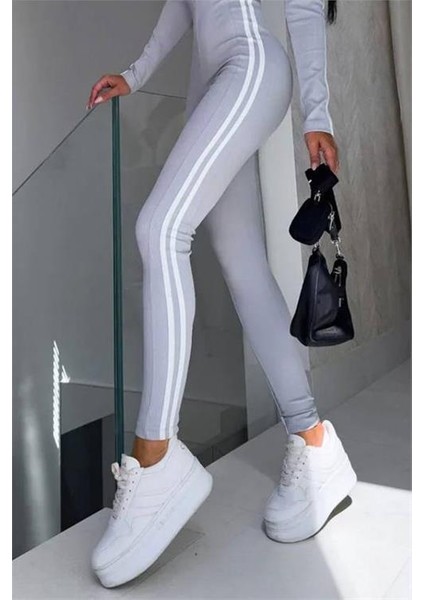 Kadın Gri Çizgi Detaylı Esnek Kumaş Tulum DPNBDF1091 fırsatları