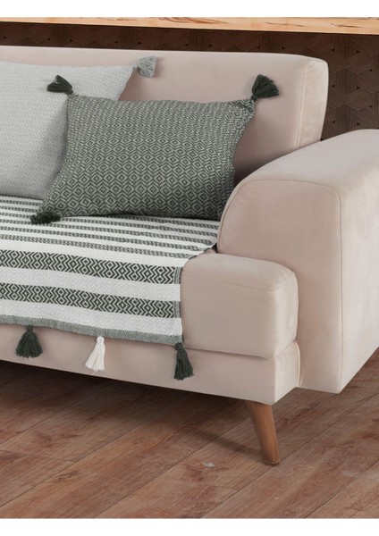 Liva Ponponlu Haki Koltuk Örtüsü 115 x 200 cm Kanepe Divan Çekyat Berjer Örtüsü Şalı Püsküllü modelleri