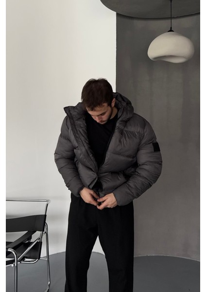 Erkek Kapüşonlu Fermuarlı Cepli Kışlık Şişme Kısa Mont modelleri