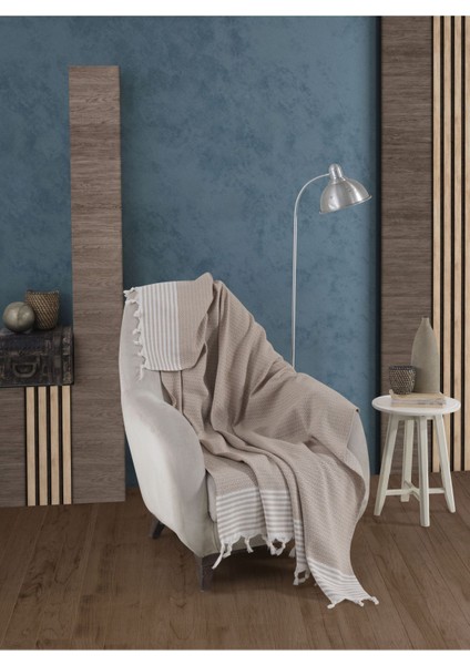 Bergama Bej Tekli Koltuk Berjer Örtüsü 150 x 180 cm Kanepe Divan Çekyat Örtüsü Pamuklu Püsküllü