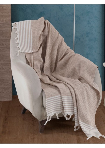 Bergama Bej Tekli Koltuk Berjer Örtüsü 150 x 180 cm Kanepe Divan Çekyat Örtüsü Pamuklu Püsküllü
