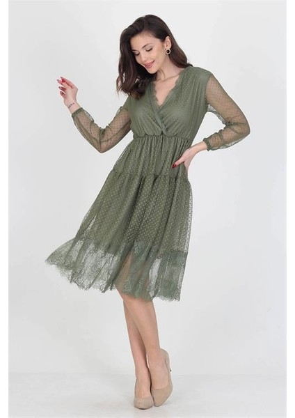 Neseli Butik Kruvaze Yaka Eteği Güpür Detaylı Yeni Sezon Elbise DP0010