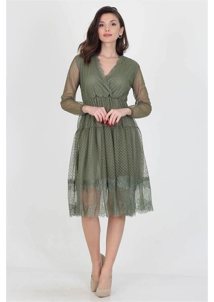 Neseli Butik Kruvaze Yaka Eteği Güpür Detaylı Yeni Sezon Elbise DP0010 fiyatları