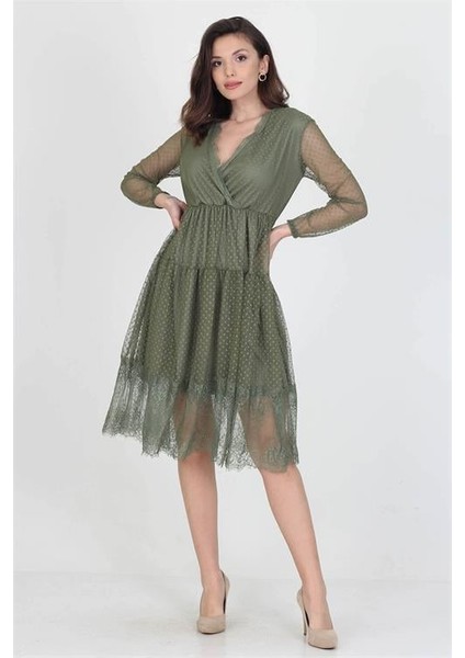 Neseli Butik Kruvaze Yaka Eteği Güpür Detaylı Yeni Sezon Elbise DP0010 modelleri