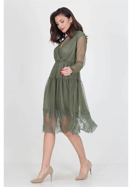 Neseli Butik Kruvaze Yaka Eteği Güpür Detaylı Yeni Sezon Elbise DP0010 fırsatları