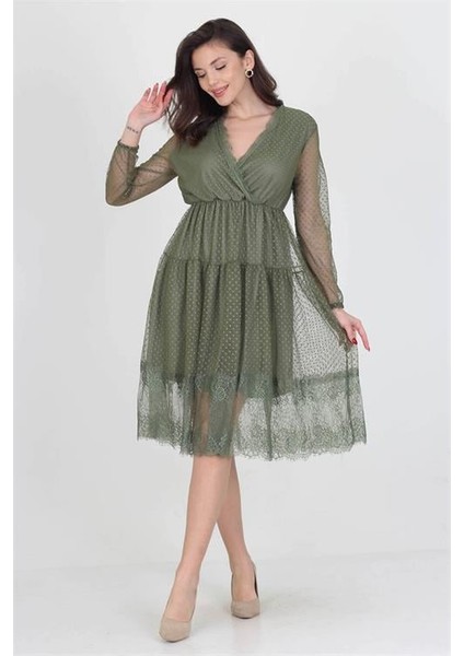 Neseli Butik Kruvaze Yaka Eteği Güpür Detaylı Yeni Sezon Elbise DP0010 indirimleri