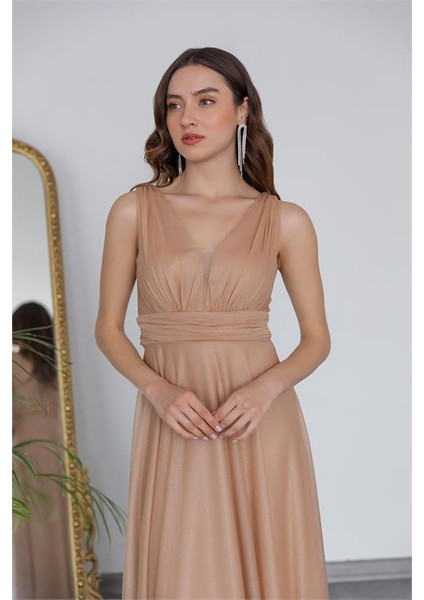 Dipmoda Kadın Gold Drapeli Tül Abiye Elbise DP2030 fiyatları