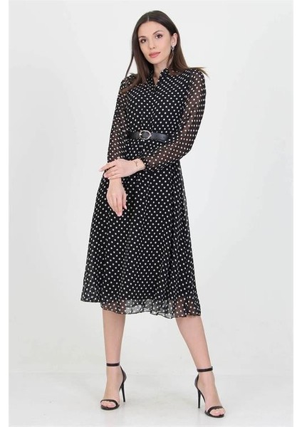 Dipmoda Kadın Kemer ve Düğme Detaylı Gömlek Yaka Puantiyeli Şifon Elbise RSSN01