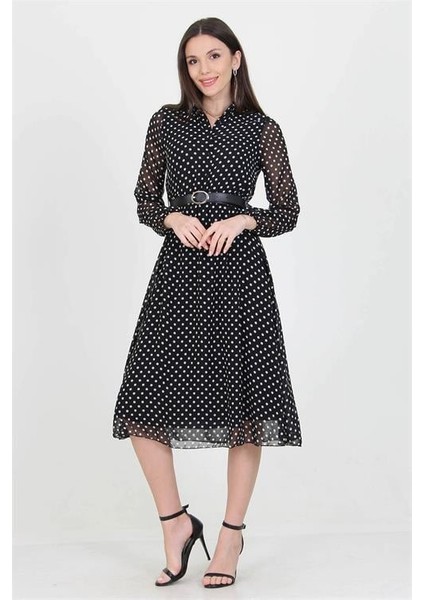 Dipmoda Kadın Kemer ve Düğme Detaylı Gömlek Yaka Puantiyeli Şifon Elbise RSSN01 modelleri