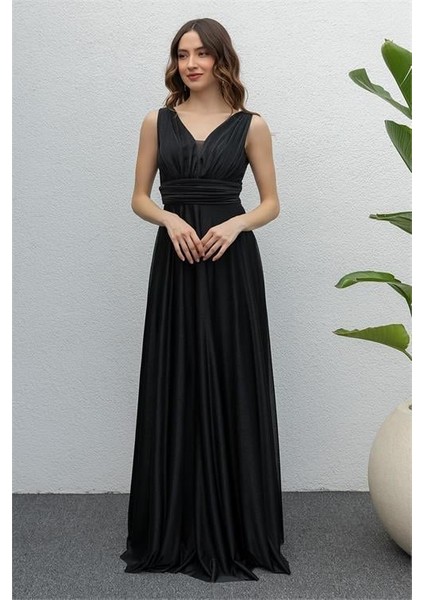 Dipmoda Kadın Siyah Drapeli Tül Abiye Elbise DP2030