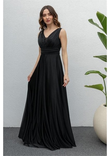 Dipmoda Kadın Siyah Drapeli Tül Abiye Elbise DP2030 modelleri