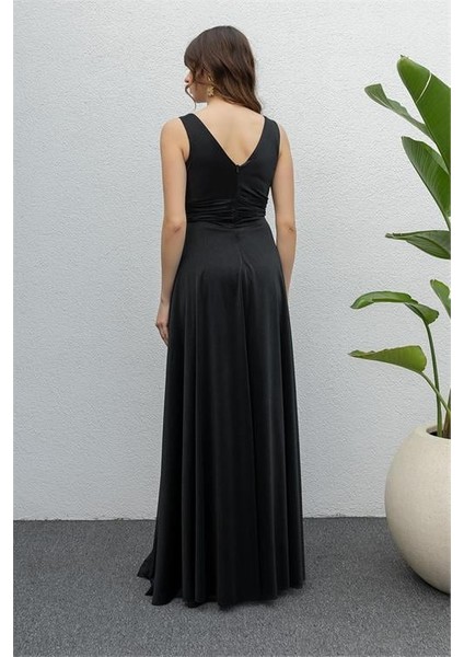 Dipmoda Kadın Siyah Drapeli Tül Abiye Elbise DP2030 fırsatları