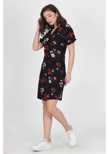 Dipmoda Kadın Kruvaze Yaka Çiçek Desenli Örme Krep Mini Elbise DP10022