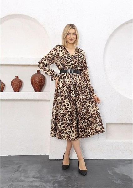 Dipmoda Kadın Leopar Midi Boy Kemerli Saten Elbise RSSN51