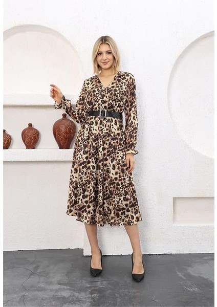 Dipmoda Kadın Leopar Midi Boy Kemerli Saten Elbise RSSN51