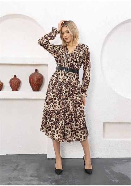 Dipmoda Kadın Leopar Midi Boy Kemerli Saten Elbise RSSN51