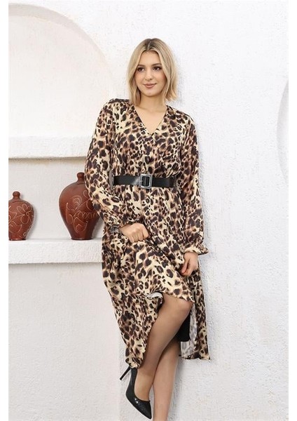 Dipmoda Kadın Leopar Midi Boy Kemerli Saten Elbise RSSN51