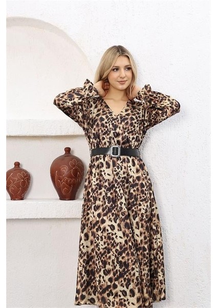 Dipmoda Kadın Leopar Midi Boy Kemerli Saten Elbise RSSN51