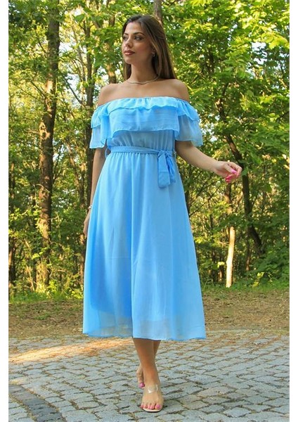 Dipmoda Kadın Bebe Mavisi Kuşaklı Madonna Yaka Baby Shower Elbise DP8060