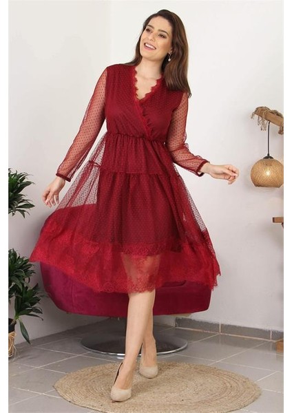 Dipmoda Kadın Kruvaze Yaka Eteği Güpür Detaylı Yeni Sezon Elbise APCX10