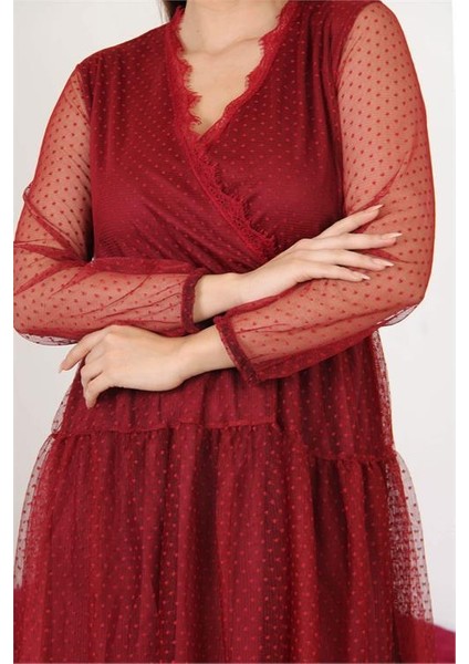 Dipmoda Kadın Kruvaze Yaka Eteği Güpür Detaylı Yeni Sezon Elbise APCX10 indirimleri