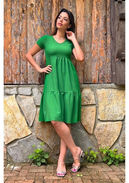 Dipmoda Kadın Yeşil Astarsız Midi Boy Bürümcük Elbise LPTR03
