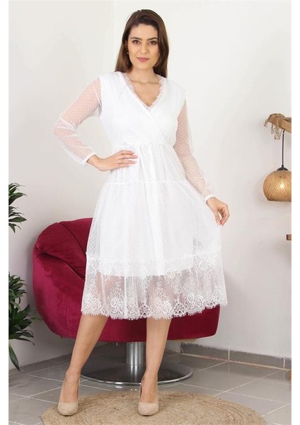 Dipmoda Kadın Kruvaze Yaka Eteği Güpür Detaylı Yeni Sezon Elbise APCX10 modelleri