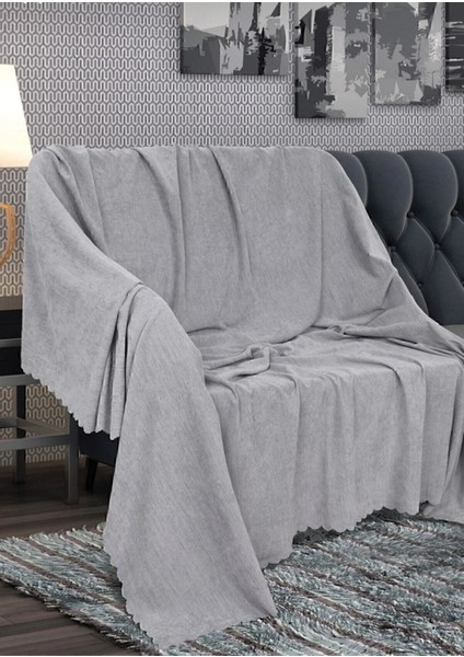 Mat Şönil Gri Çift Taraflı Koltuk Çekyat Örtüsü Şalı